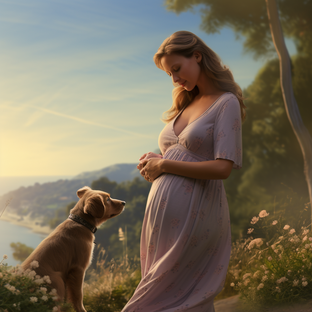 Беременная женщина со щенком в парке