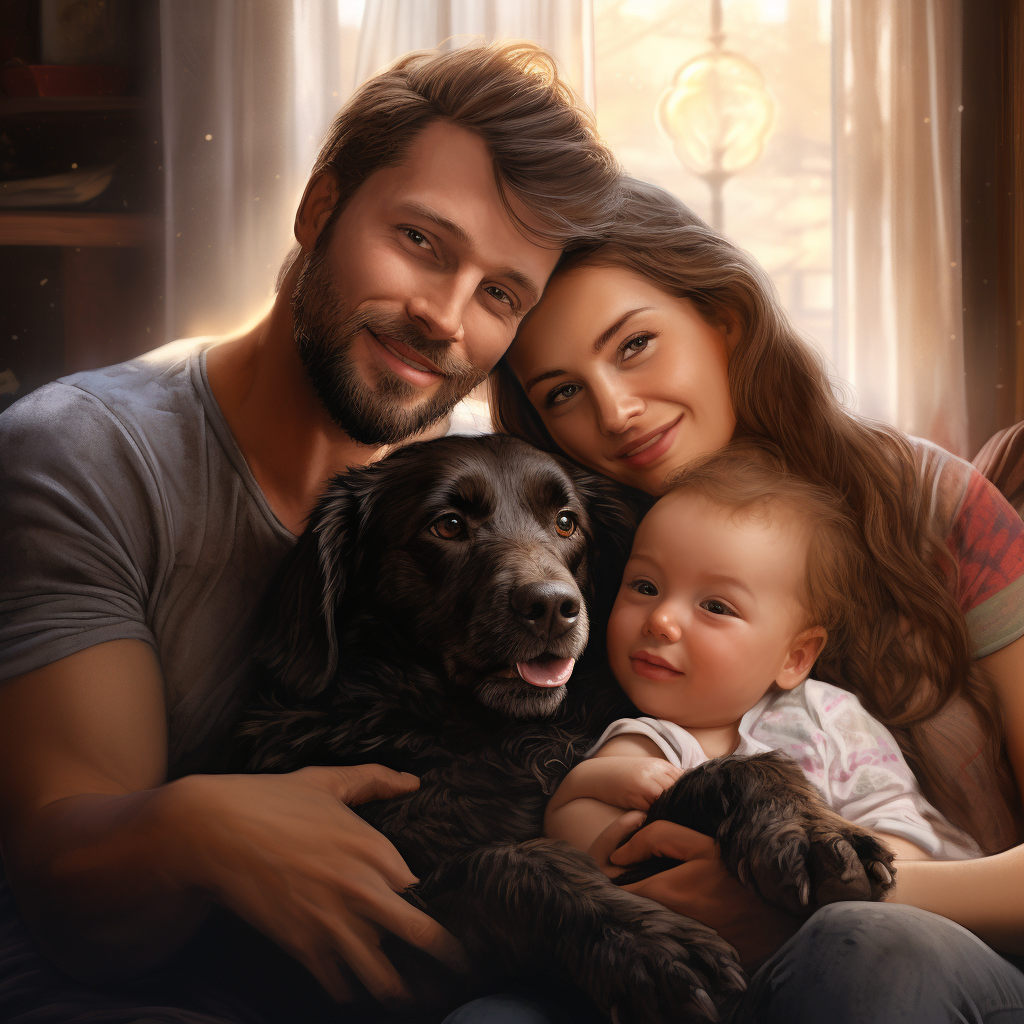 Счастливая семья с ребенком и собакой