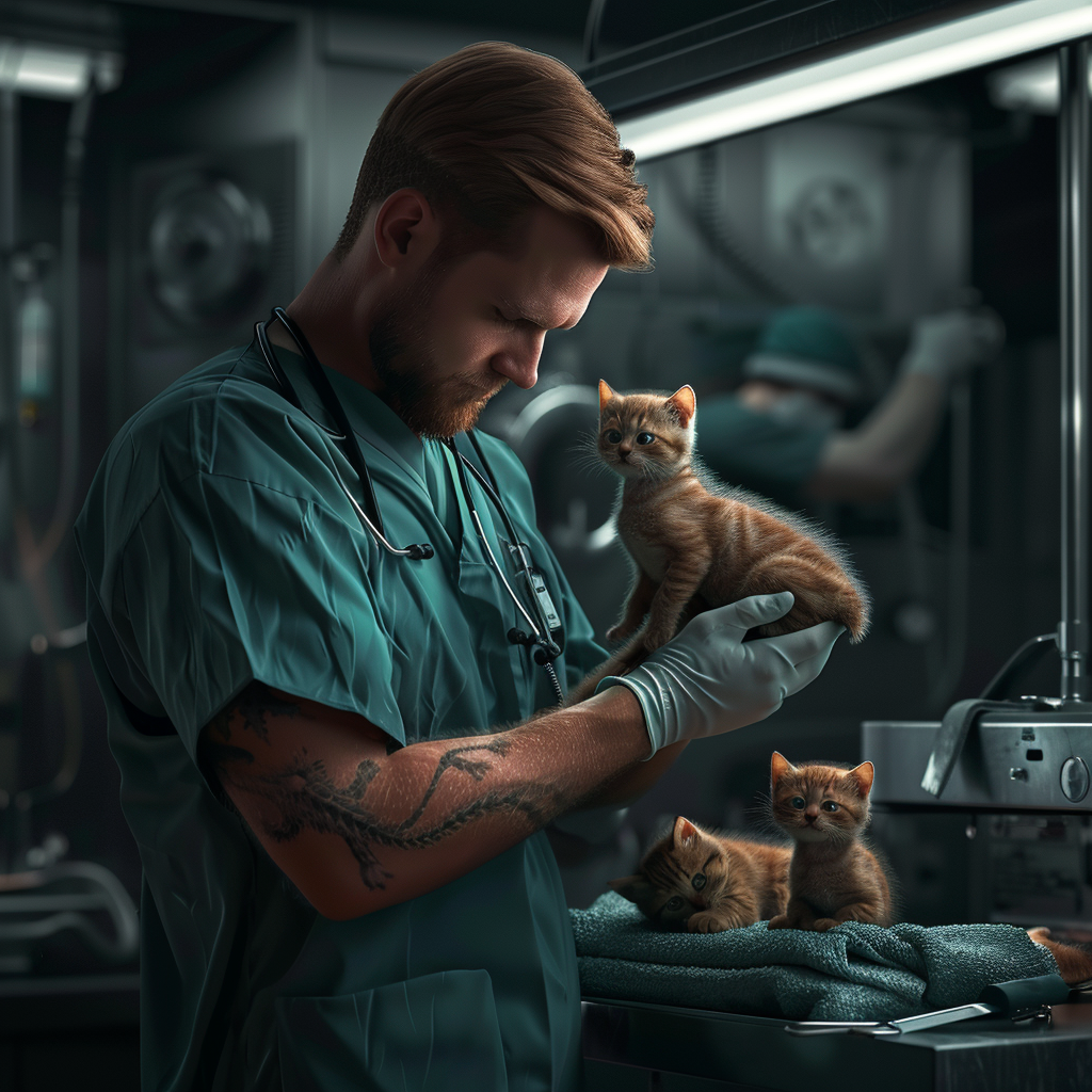 Ветеринар осматривает котят